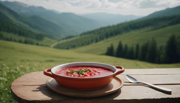 Foto borsch na mesa de madeira fundo montanhas de verão