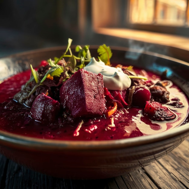 Foto borsch no antigo fundo de madeira