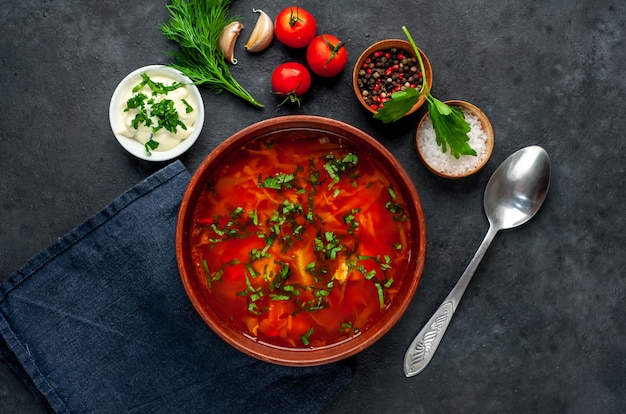 Borsch ucraniano tradicional em uma tigela marrom