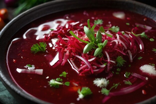 Borscht adornado com um pouco de cebola picada