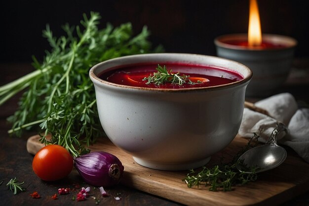 Borscht adornado con una ramita de tomillo fresco