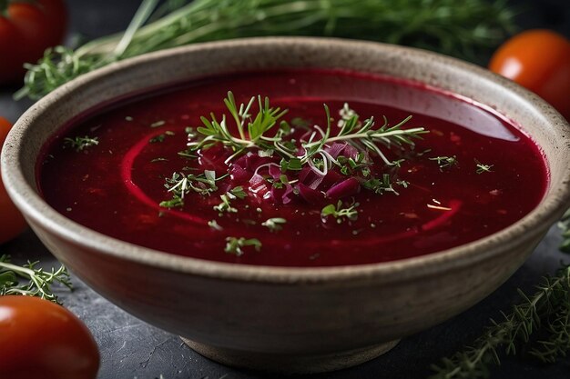 Foto borscht adornado con tomillo fresco