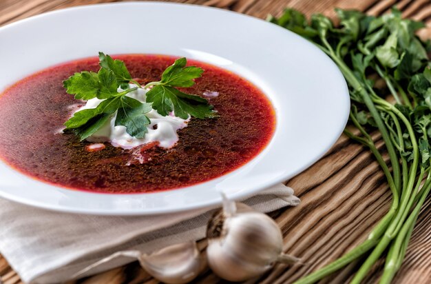 Borscht en una mesa de madera con ajo