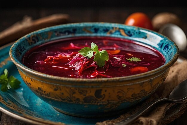 Borscht servido en un cuenco de esmalte vintage