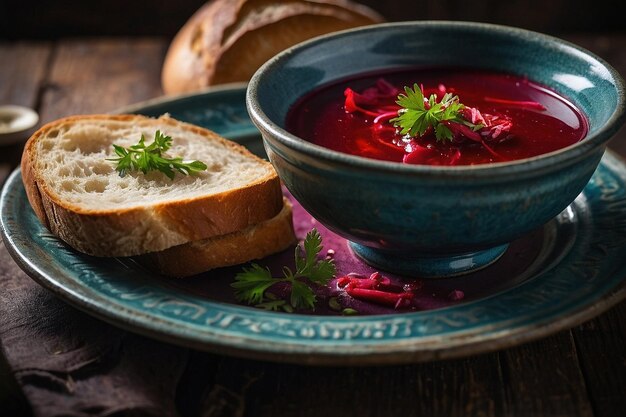 Borscht servido con una rebanada de pan rústico