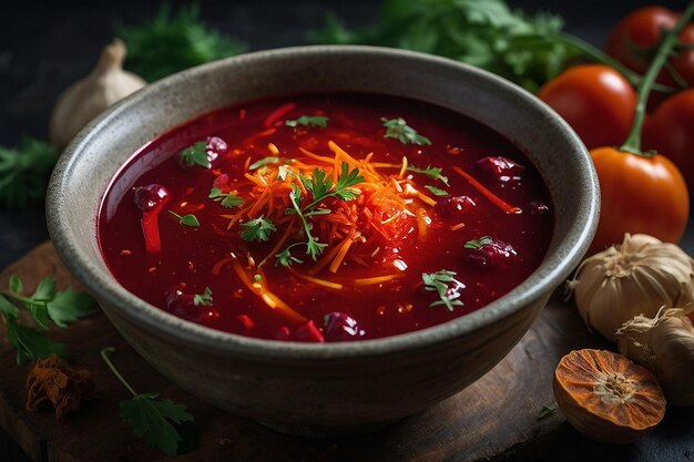 Borscht servido con una salpicadura de pimentón