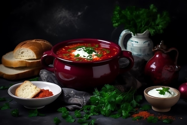 Borscht tradicional ucraniano em fundo escuro Ai Generative