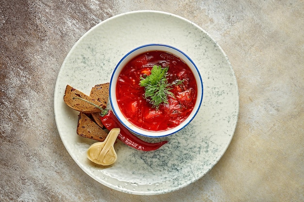 Borscht ucraniano com picles e pão de centeio em uma placa branca Foco seletivo de closeup