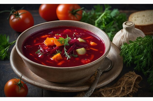Foto borscht vegetariano con pepinillos