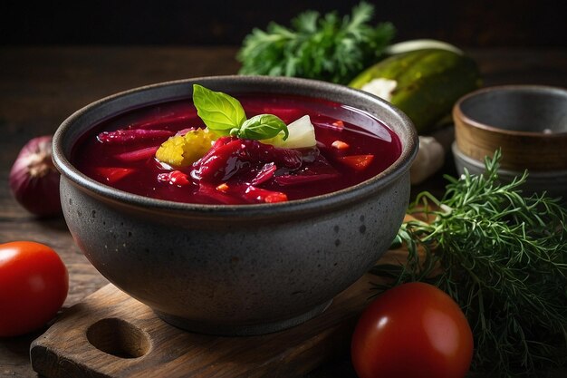 Foto borscht vegetariano con pepinillos