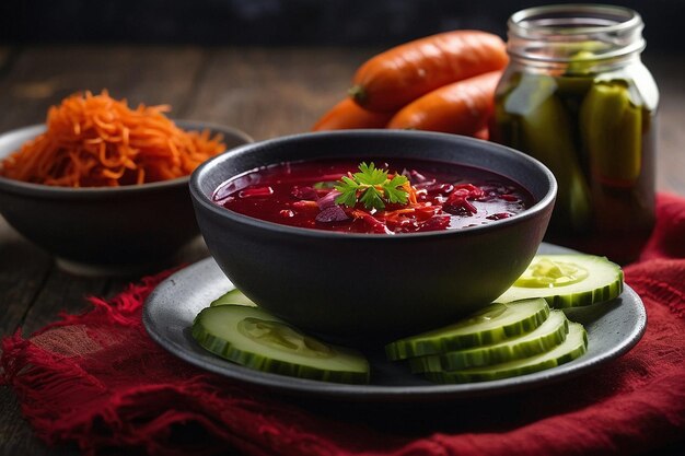 Borscht vegetariano servido con un lado de pepinillos