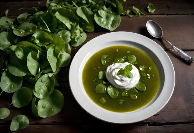 Borscht verde cocido de azúcar fresco en un cuenco