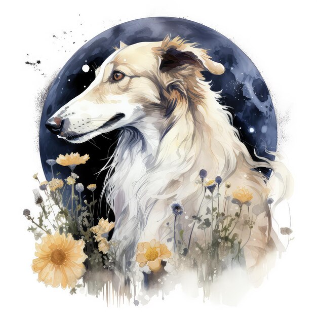 Borzoi-Hund mit Blume in der Nacht Aquarell