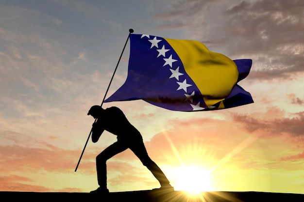 Bosnien-Flagge wird von einer männlichen Silhouette 3D-Rendering in den Boden gedrückt