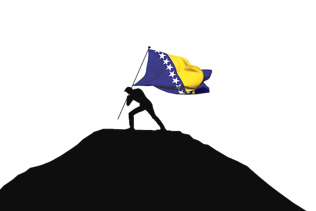 Bosnien-Flagge wird von einer männlichen Silhouette 3D-Rendering in die Bergspitze geschoben