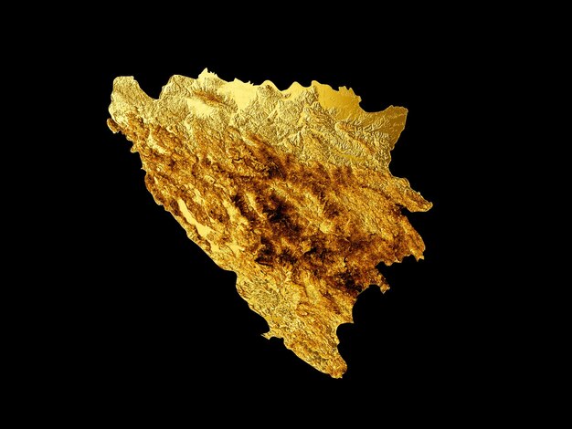 Bosnien-Karte Goldene Metallfarbe Höhenkarte Hintergrund 3D-Darstellung