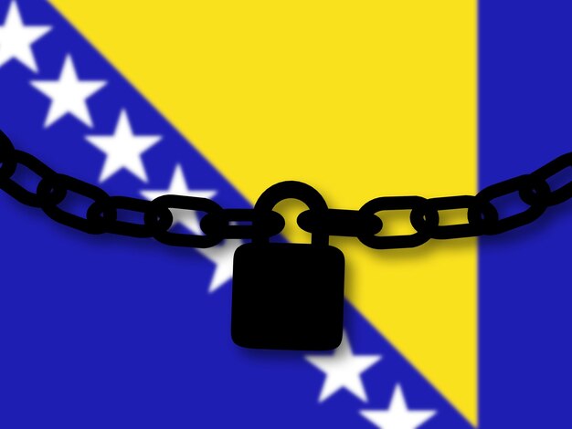 Bosnien-Sicherheit Silhouette einer Kette und eines Vorhängeschlosses über der Nationalflagge