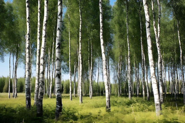 bosque de abedul a la luz del sol por la mañana renderización 3D