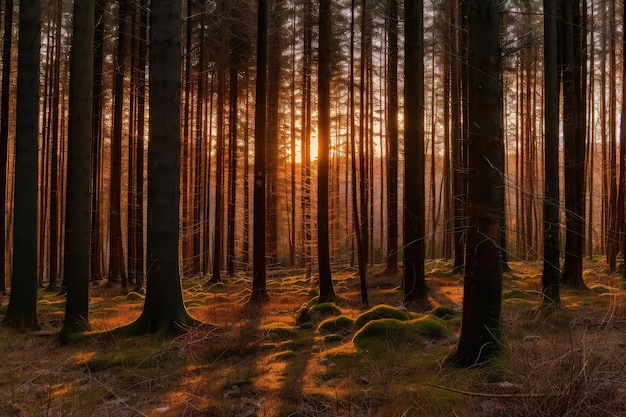 Bosque de abetos al atardecer con el sol poniente arrojando una cálida luz naranja a través de los árboles