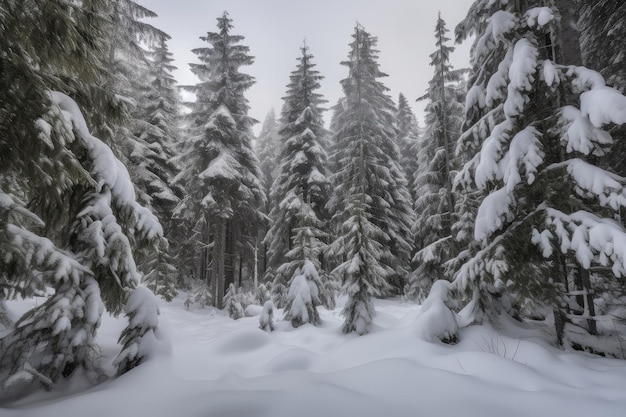 Bosque de abetos durante el invierno cubierto de nieve