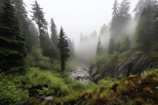 Bosque de abetos pacíficos con niebla brumosa y cascada en la distancia