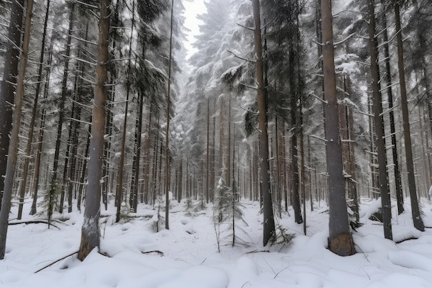 Bosque de abetos durante la temporada de invierno con nieve que cubre el suelo y los árboles