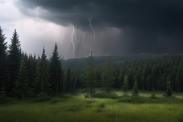 Bosque de abetos durante una tormenta con relámpagos y truenos