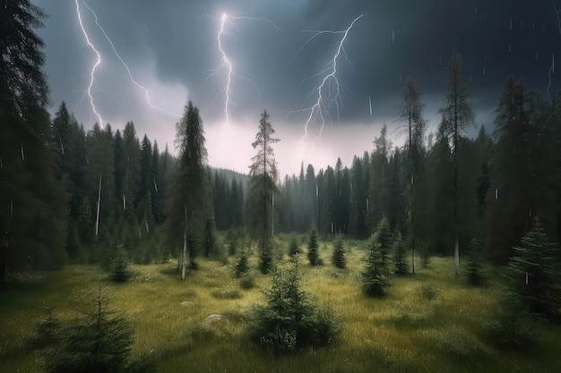 Bosque de abetos durante una tormenta con relámpagos y truenos