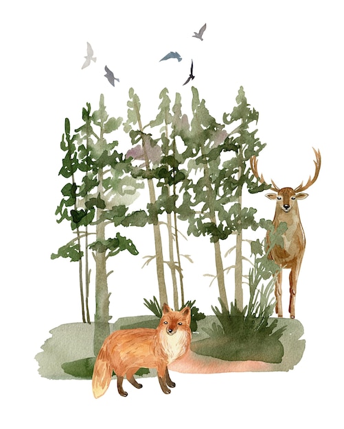 Bosque de acuarela con composición de bosque de zorros y ciervos
