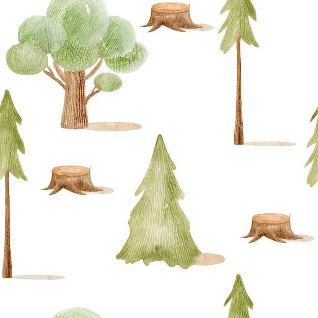 Bosque de acuarela de patrones sin fisuras con árboles ilustración dibujada a mano para papel de regalo de tela, etc.