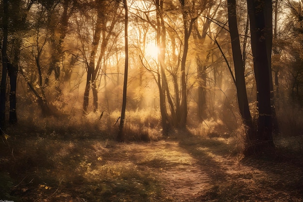 Bosque al atardecer con cálidos tonos dorados y rayos de luz filtrándose a través de los árboles generativos ai