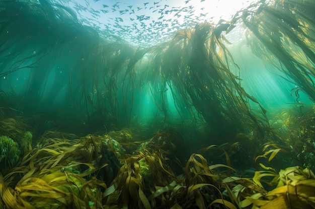 Foto bosque de algas marinas con cardúmenes de peces nadando entre las frondas creado con inteligencia artificial generativa