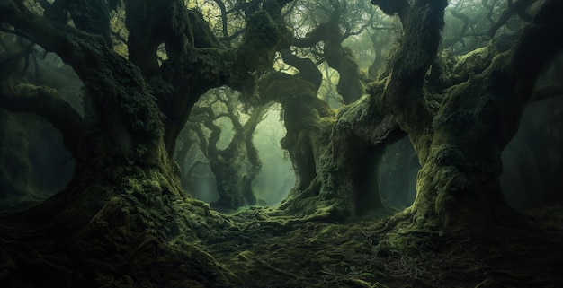 Foto el bosque antiguo encantado el paisaje de árboles retorcidos