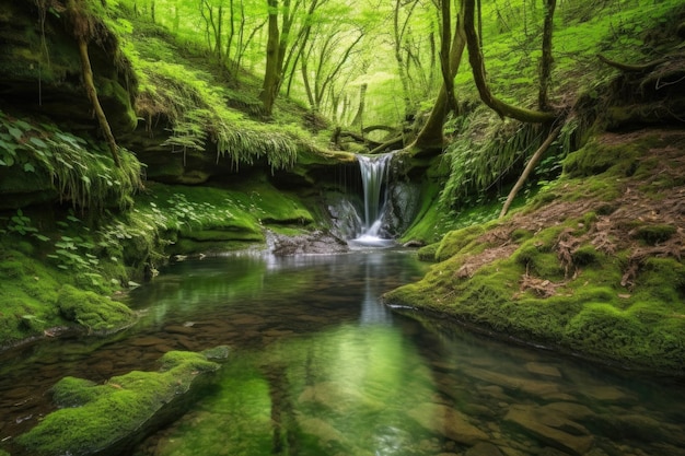 Bosque apacible con cascadas de manantial y arroyo claro creado con IA generativa