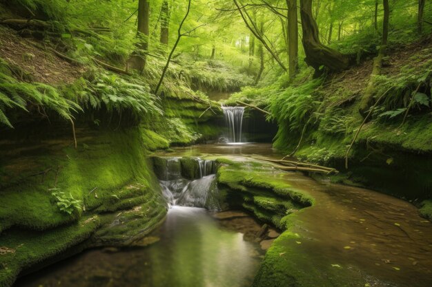 Bosque apacible con cascadas de manantial y arroyo claro creado con IA generativa