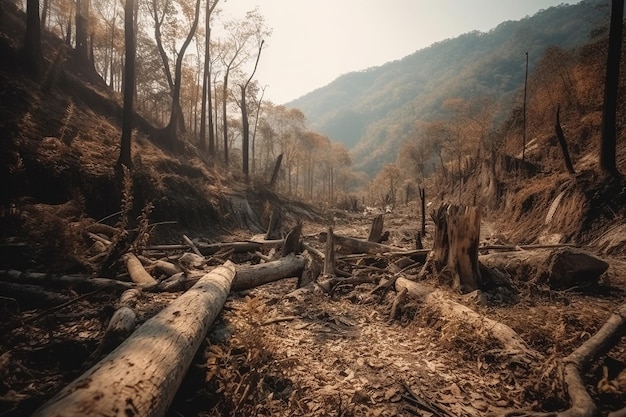 Un bosque con un árbol caído en primer plano