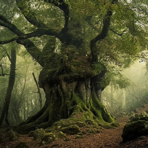 El bosque en el árbol y el cielo colorido.