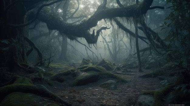 Un bosque con un árbol colgando de las ramas.