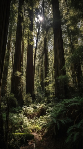 Un bosque con un árbol en el medio y una luz en el suelo