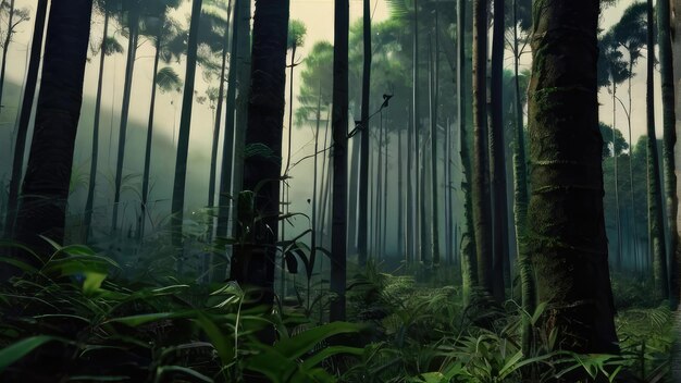 un bosque con un árbol con un pájaro volando en el cielo