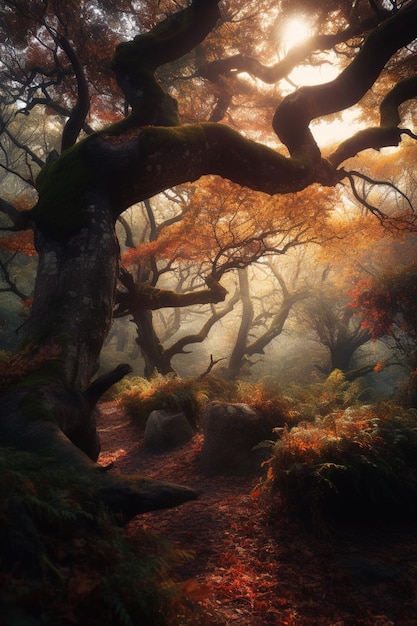 Foto un bosque con un árbol en primer plano y una luz en el suelo.