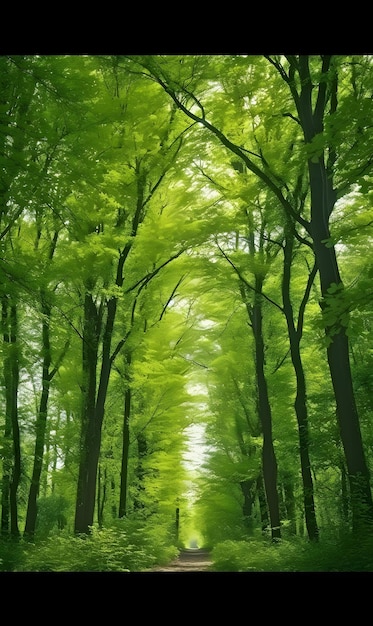 un bosque con un árbol verde en el medio