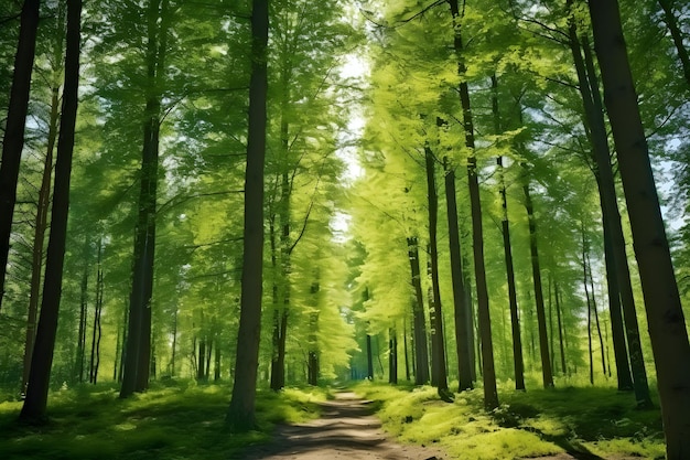 un bosque con un árbol verde en el medio