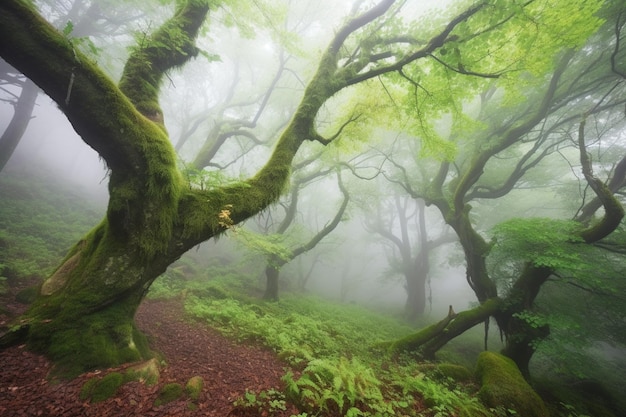 Un bosque con un árbol verde en la niebla.