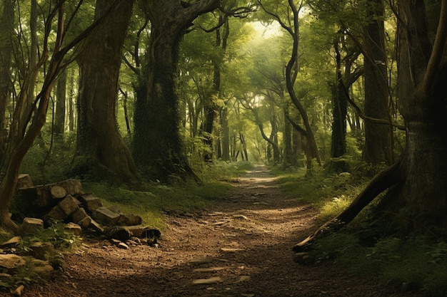 Un bosque con árboles y un camino.