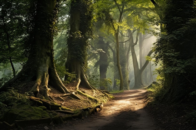 Un bosque con árboles y un camino.