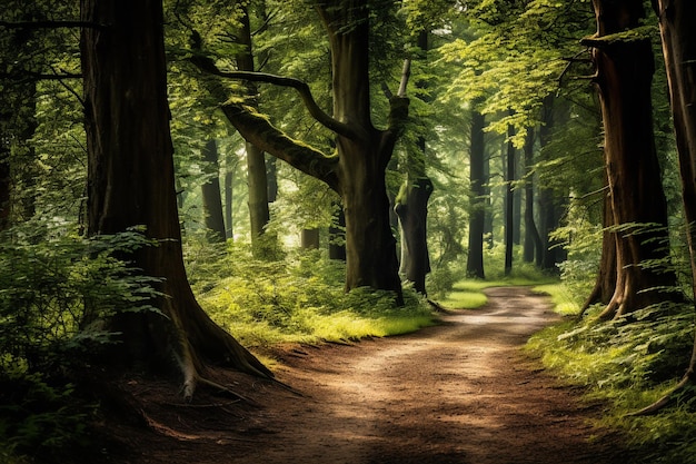 Un bosque con árboles y un camino.