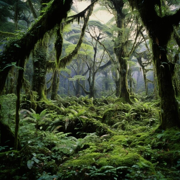 Un bosque con árboles cubiertos de musgo y árboles cubiertos de musgo