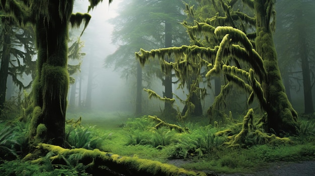 un bosque con árboles cubiertos de musgo y musgo