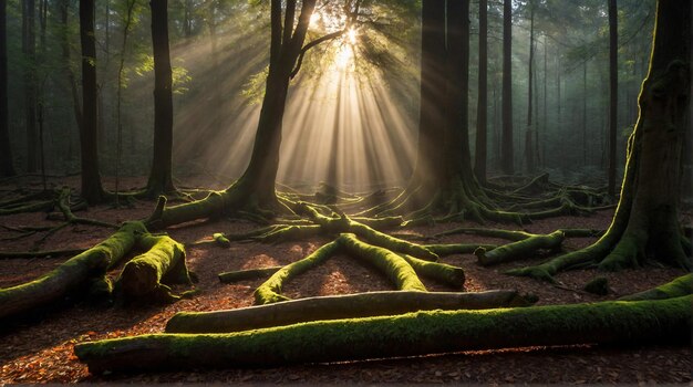 un bosque con árboles cubiertos de musgo y un tronco en primer plano